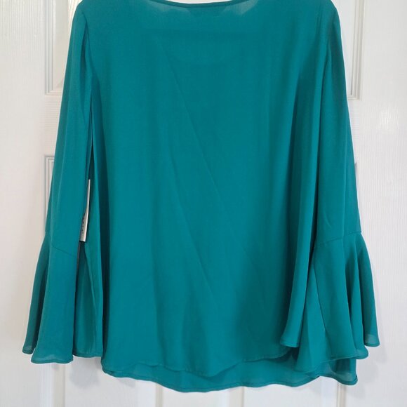 Vibrant Teal Bell-Sleeve Blouse | Flowy Chiffon Top for Work or Evening - Picture 4 of 4